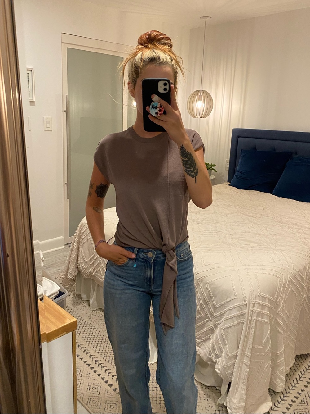 Tie-Front Short Sleeve Top in Taupe